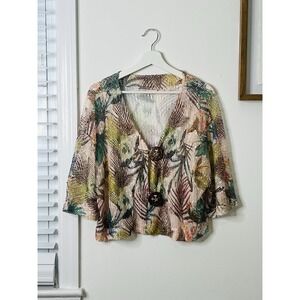 Soft Surroundings Tropical Leaf Pink Open Mesh-Weave‎ Cropped Cardigan Sweater L